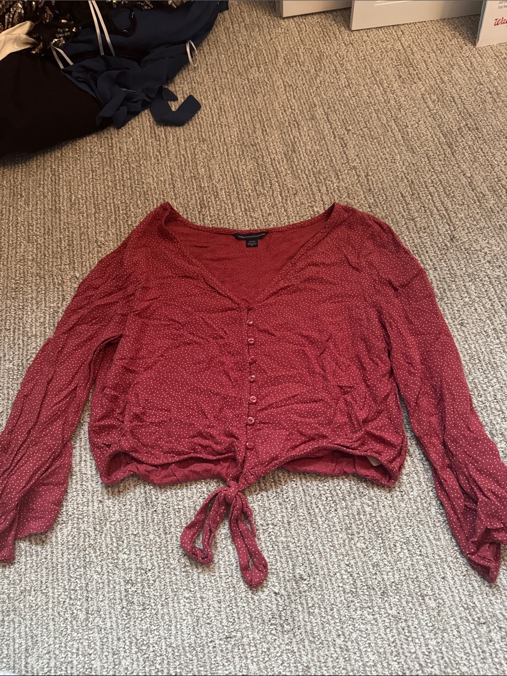 American Eagle Outfitters Wine Button-Front Tie-Hem Long Sleeve Top
